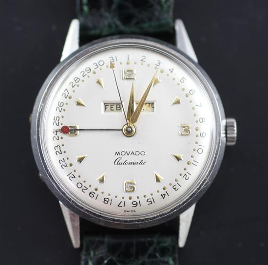 A gentlemans 1950s/1960s? stainless steel Movado automatic calendar wrist watch,